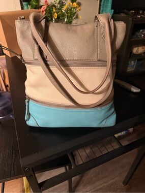 Fossil Three-Tone Leather Shoulder Bag in Taupe, Cream & Aqua